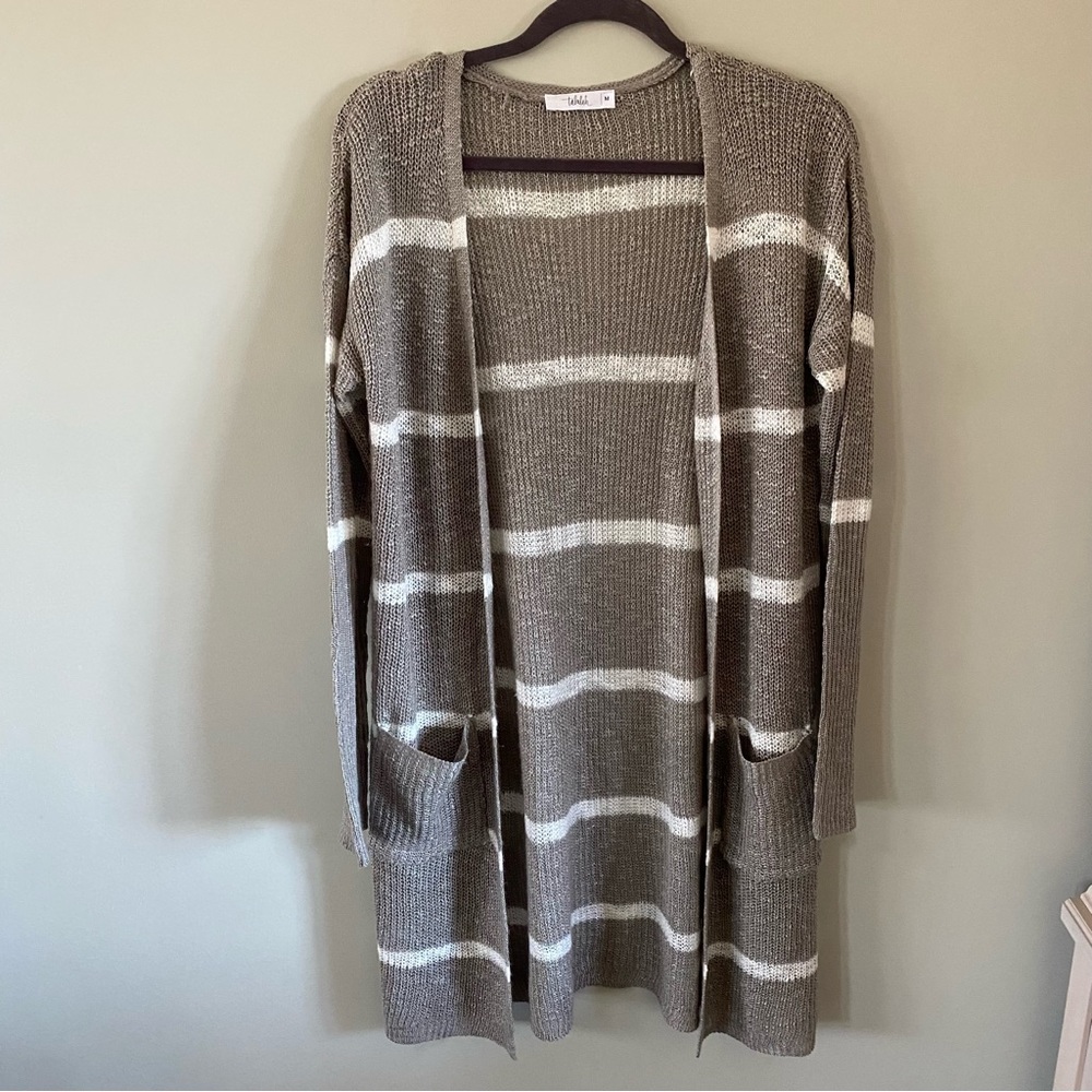 Anthropologie Talulah Grey White Stripe Lightweight Open Knit Flowy Cardigan